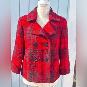 Talbots Red and Black Plaid Pea Coat